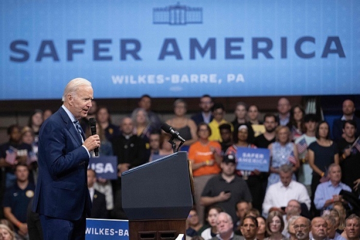 President Joe Biden discusses his crime-fighting plan in Wilkes-Barre, Pennsylvania, on August 30, 2022. (Photo by JIM WATSON/AFP via Getty Images)