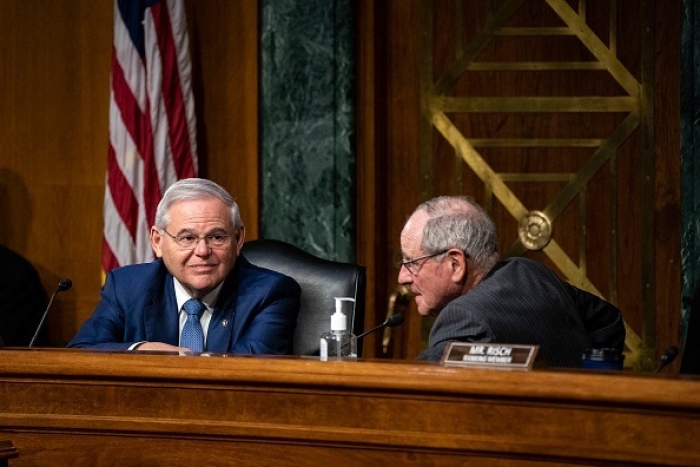 Senate Foreign Relations Committee Chairman Robert Menendez (D-N.J.) and ranking member Jim Risch (R-Idaho) during a hearing in Washington last April. (Photo by Al Drago / Pool / AFP via Getty Images)
