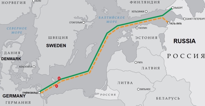Maps shows stylized routes of Nord Stream 1 and 2 pipelines and the approximate locations of the undersea explosions detected on Monday. (Original map: Gazprom Russia)