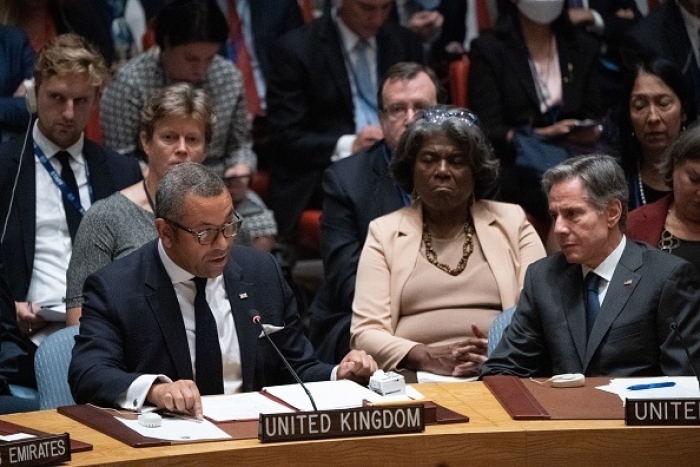 Secretary of State Antony Blinken looks on as British Foreign Secretary James Cleverly speaks during the U.N. Security Council meeting on Ukraine on Thursday. (Photo by Bryan R. Smith / AFP via Getty Images)