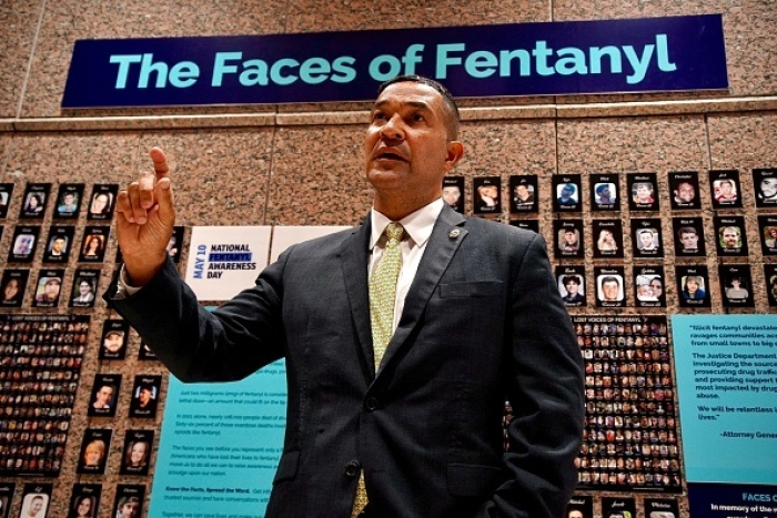 Ray Donovan, Chief of Operations of the Drug Enforcement Administration (DEA), stands in front of &quot;The Faces of Fentanyl&quot; wall, which displays photos of Americans who died of a fentanyl overdose, at the DEA headquarters in Arlington, Virginia, on July 13, 2022. (Photo by AGNES BUN/AFP via Getty Images)