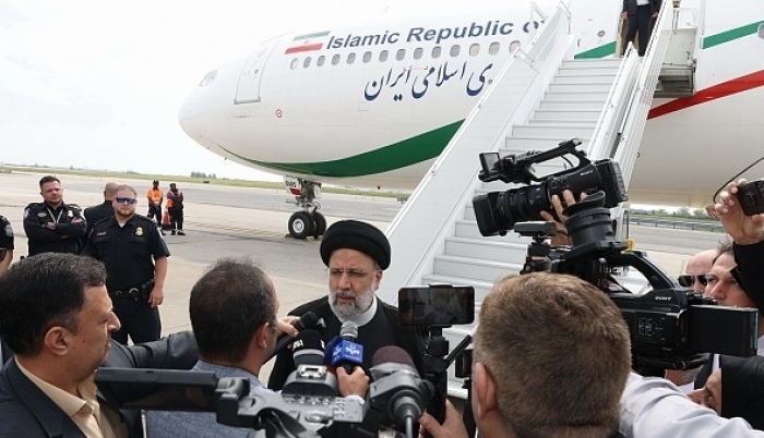 Iranian President Ebrahim Raisi speaks to Iranian reporters after arriving in New York on Monday. (Photo: Iranian Presidency)