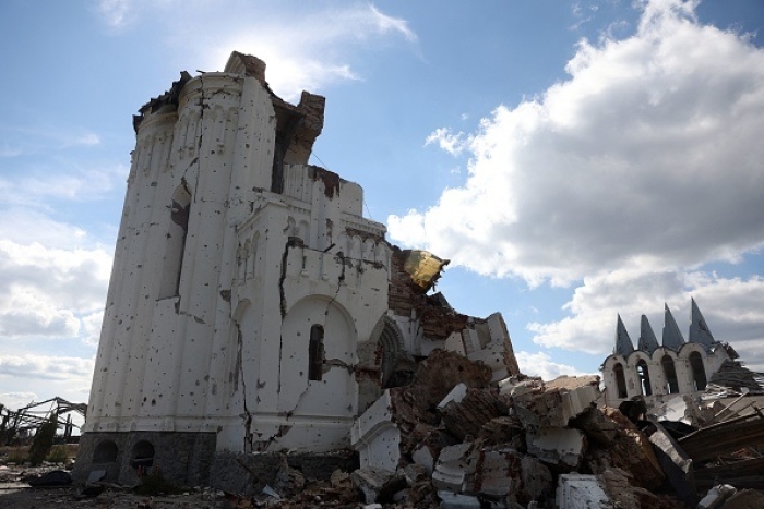 The rubble of an Orthodox monastery in a recently freed region of Ukraine is seen on September 22, 2022. (Photo by ANATOLII STEPANOV/AFP via Getty Images)