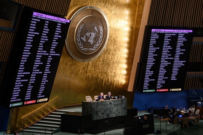 The U.N. General Assembly on Wednesday votes to adopt a resolution condemning Russia's annexations of parts of Ukraine. (Photo by Ed Jones / AFP via Getty Images)