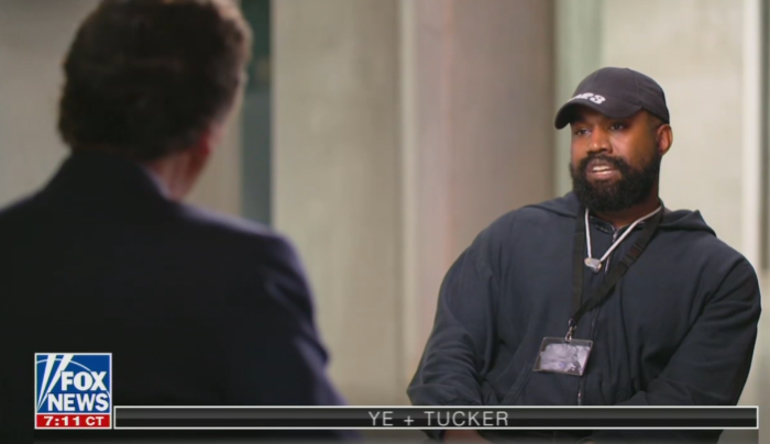 Kanye West sits for an interview with Tucker Carlson. (Photo: Screen grab)