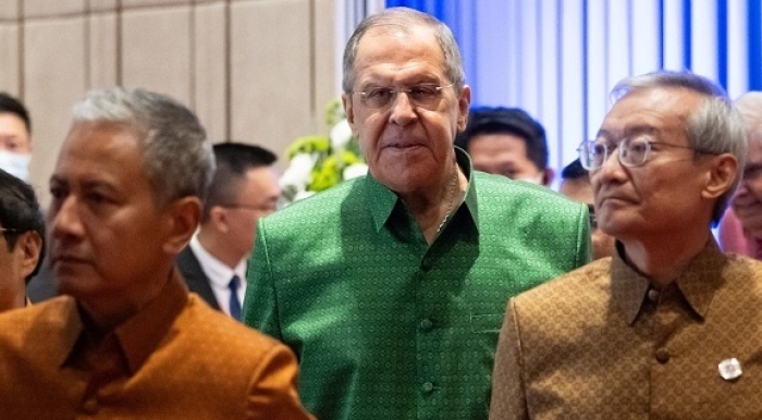 Russian Foreign Minister Sergei Lavrov at the gala dinner on the eve of Sunday’s East Asia Summit in Phnom Penh. (Photo by Saul Loeb / AFP via Getty Images)