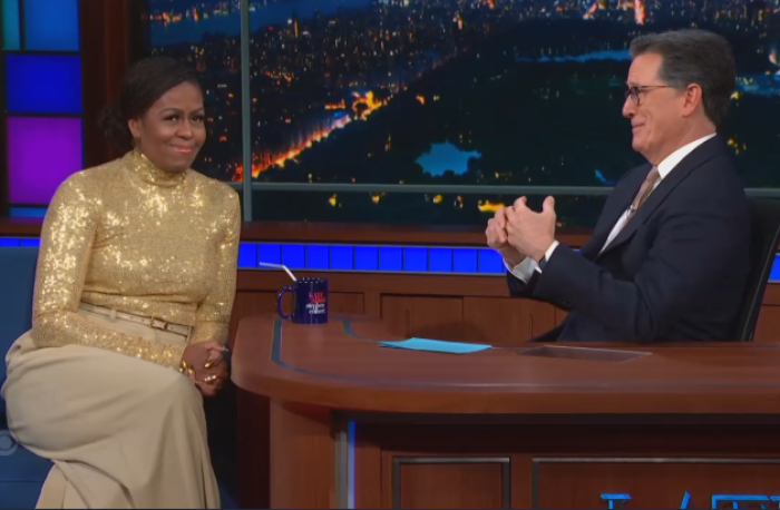 Former First Lady Michelle Obama discusses her new book and her 'purpose' with 'Late Show' host Stephen Colbert on Nov. 14, 2022. (Photo: Screen capture)