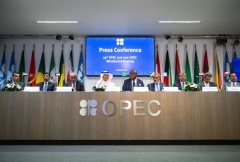 Representatives of OPEC member countries attend a press conference after the 45th Joint Ministerial Monitoring Committee and the 33rd OPEC and non-OPEC Ministerial Meeting in Vienna, Austria, on October 5, 2022. - The OPEC+ oil cartel meets for the first time face-to-face since Covid curbs were introduced in 2020. (Photo by VLADIMIR SIMICEK/AFP via Getty Images)